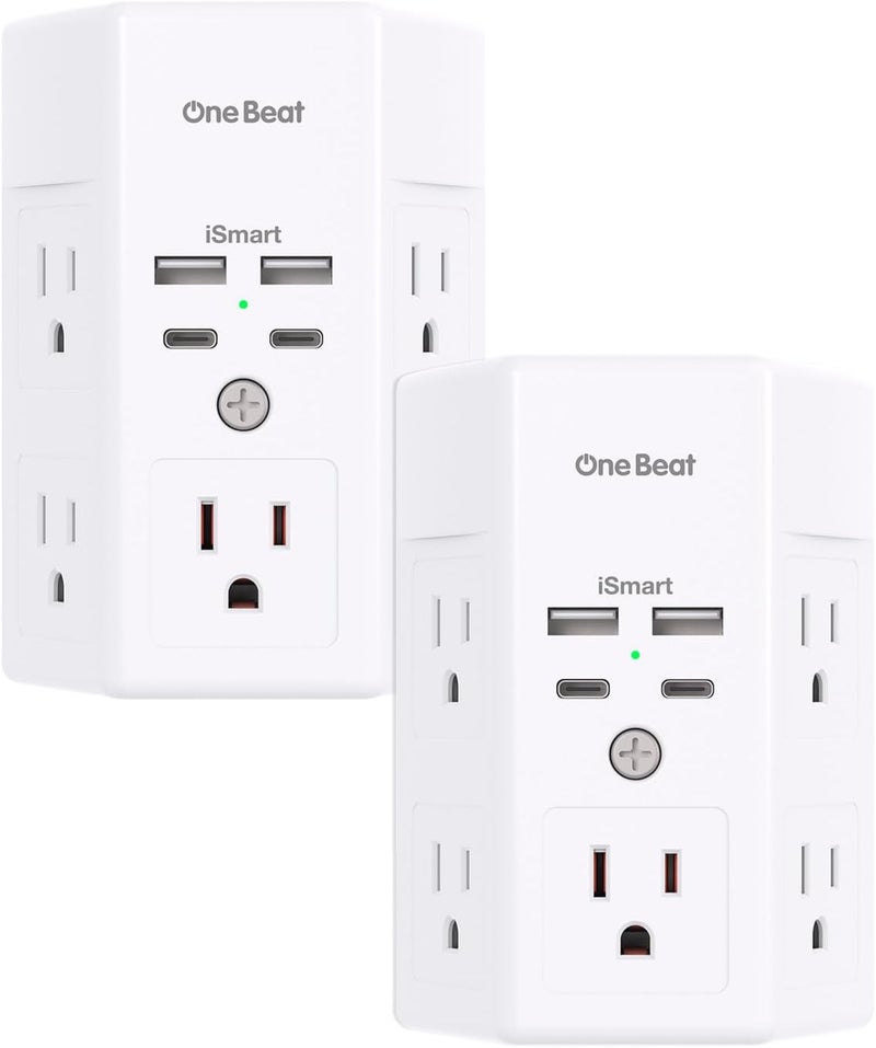 One Beat 2 Pack Multi Plug Outlet, Surge Protector, 5 Outlet Extender with 4 USB Charging Ports (2 USB C), USB Wall Charger, 3-Sided 1800J Power Strip Outlets Splitter Wall Plug Adapter Spaced for Home Office - Image 1